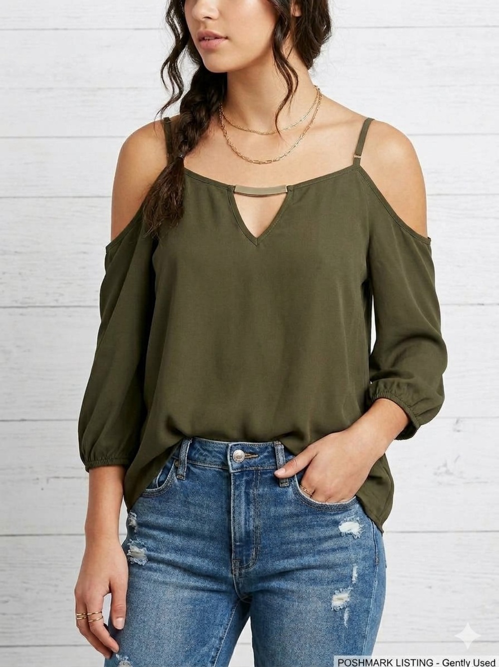 NWT Cold-Shoulder Olive Green Women's Top  with gold bar accent size M